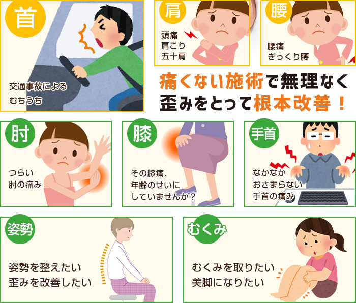 肘・膝・手首・首・肩・腰を痛くない施術で無理なく歪みをとって根本改善!